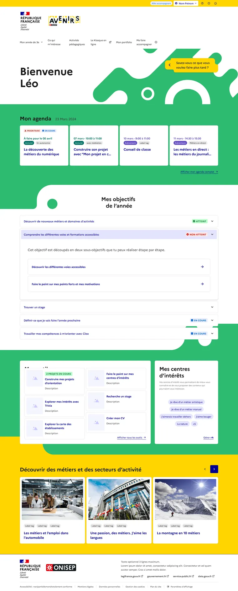Page d’accueil de l’espace élève de la plateforme Avenir(s) : message de bienvenue, agenda personnel, objectifs de l’année et centres d’intérêt.