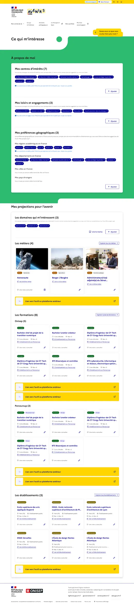 Page des activités pédagogiques de l’espace élève, en pleine longueur.