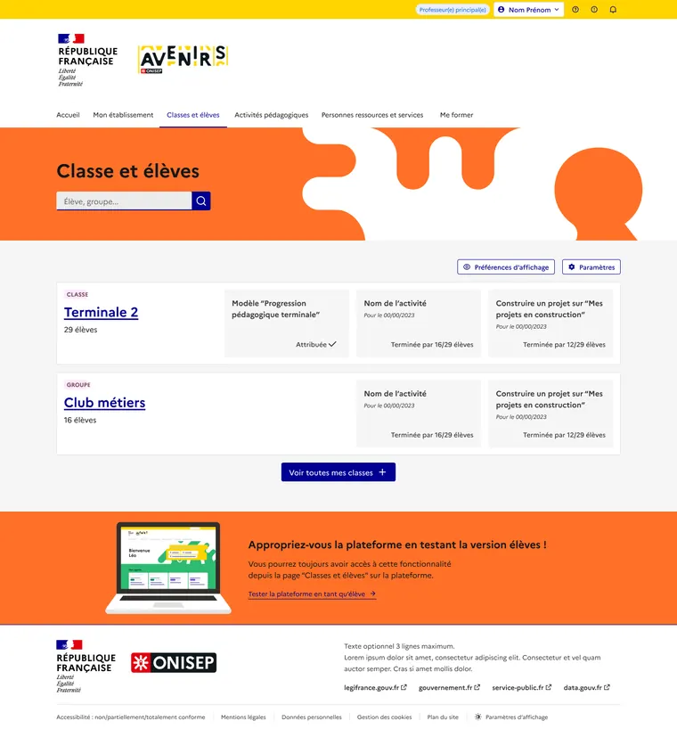 Vue « Classe et élèves » côté enseignant : liste des classes, groupes, progression et activités attribuées.