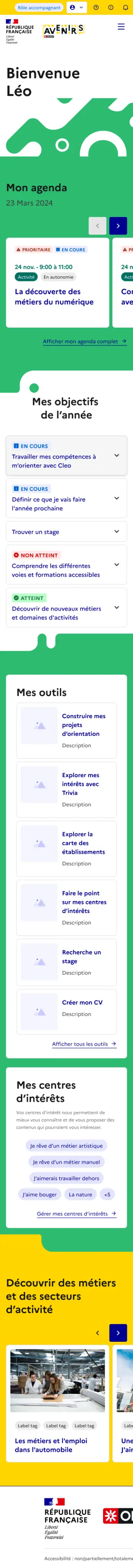 Version mobile de l’accueil élève.