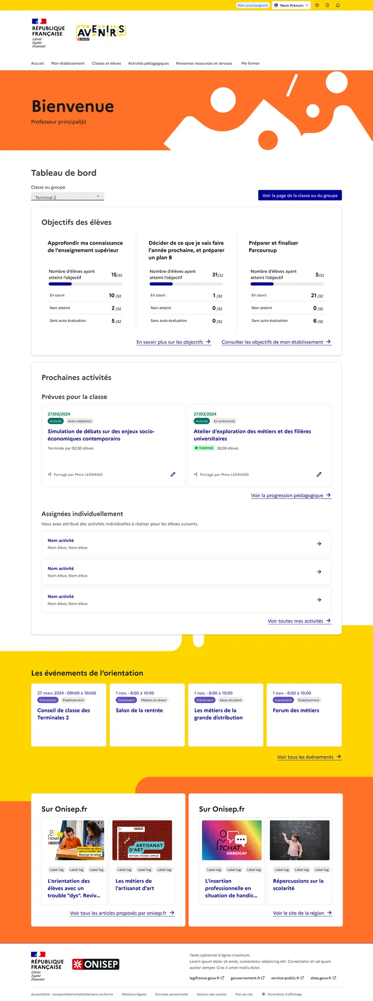 Tableau de bord d’établissement : objectifs de l’année, positions et activités, ressources d’accompagnement.