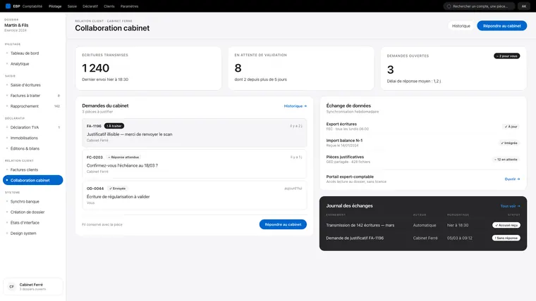 Écran « Collaboration cabinet » : demandes du cabinet, échange de données et journal des échanges.