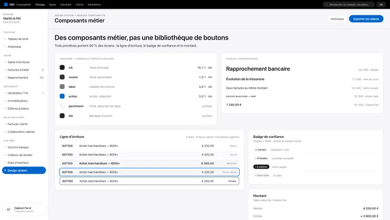 Page de documentation du design system : composants métier, ligne d’écriture, badge de confiance, rapprochement bancaire.