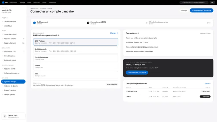 Écran de connexion d’un compte bancaire, en trois étapes.