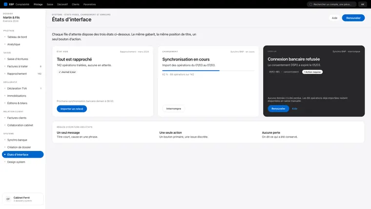 Page de documentation des états d’interface : succès, chargement, erreur — chacun avec un message, une action et une garantie.
