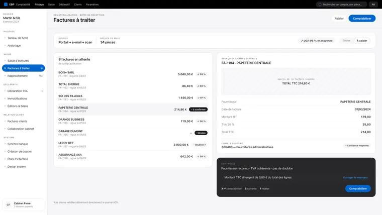 Écran « Factures à traiter » : portail e-mail et scan, liste des pièces en attente, aperçu du document.