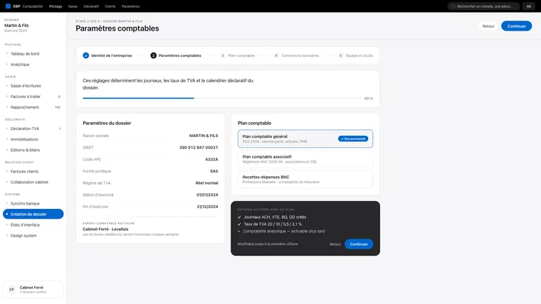 Écran des paramètres comptables : plan comptable, TVA, exercices.