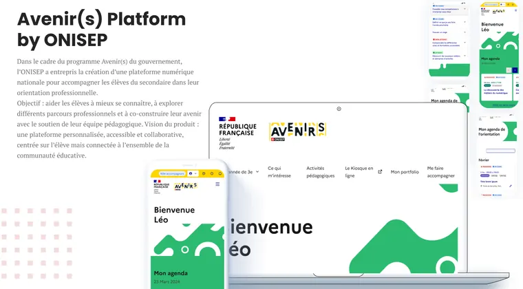 Présentation de la plateforme Avenir(s) : maquettes desktop et mobile de l’espace élève.