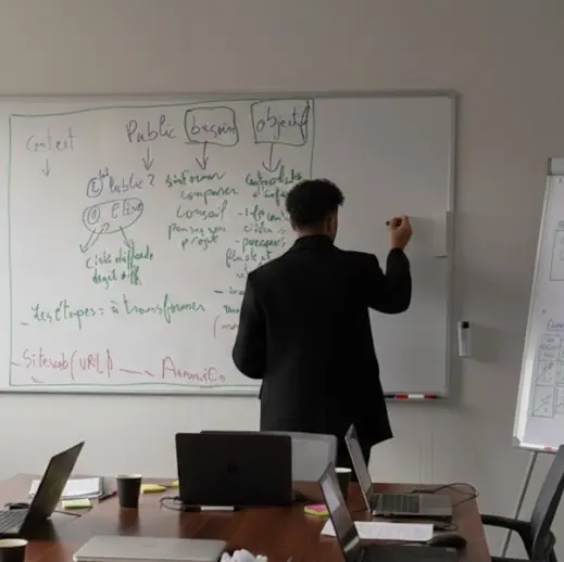Atelier de cadrage : tableau blanc couvert de notes sur le contexte, le public, le besoin et les objectifs.