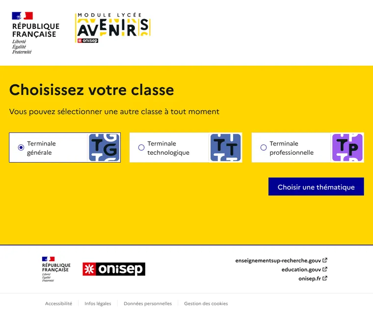 Écran de sélection de la classe : terminale générale, technologique ou professionnelle.