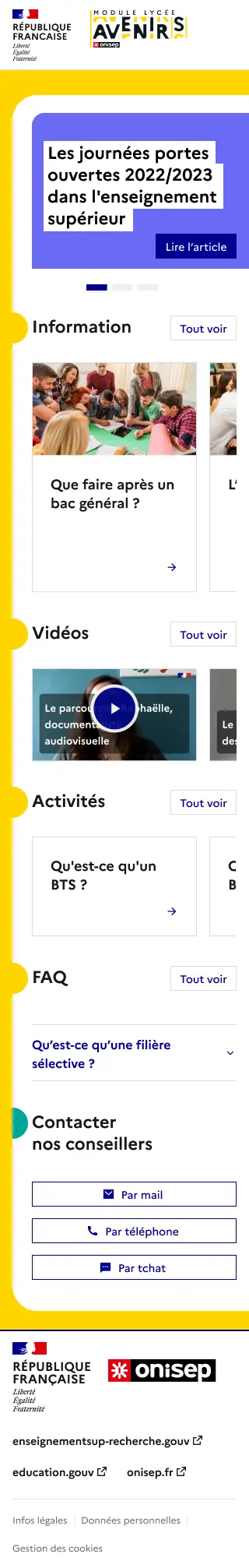 Version mobile d’une page thématique : informations, vidéos, activités, FAQ et contact.