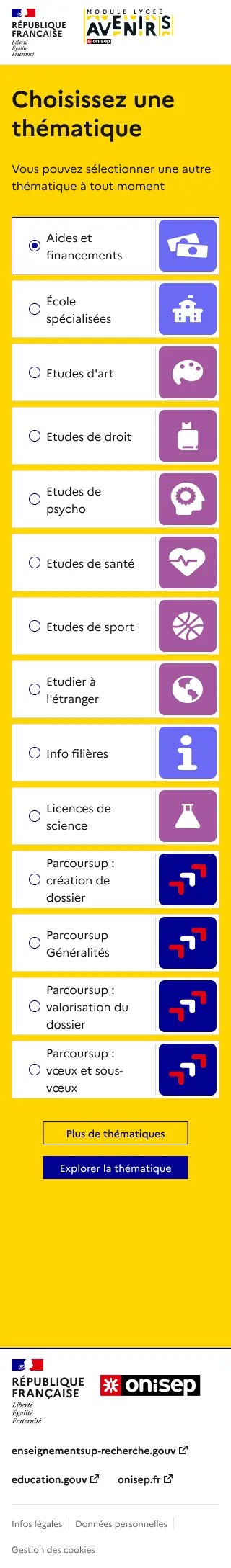 Version mobile de la liste des thématiques d’orientation.