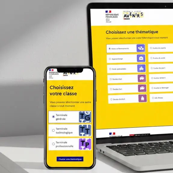 Le module Lycée affiché sur un ordinateur portable et sur un téléphone : écran de choix de thématique.