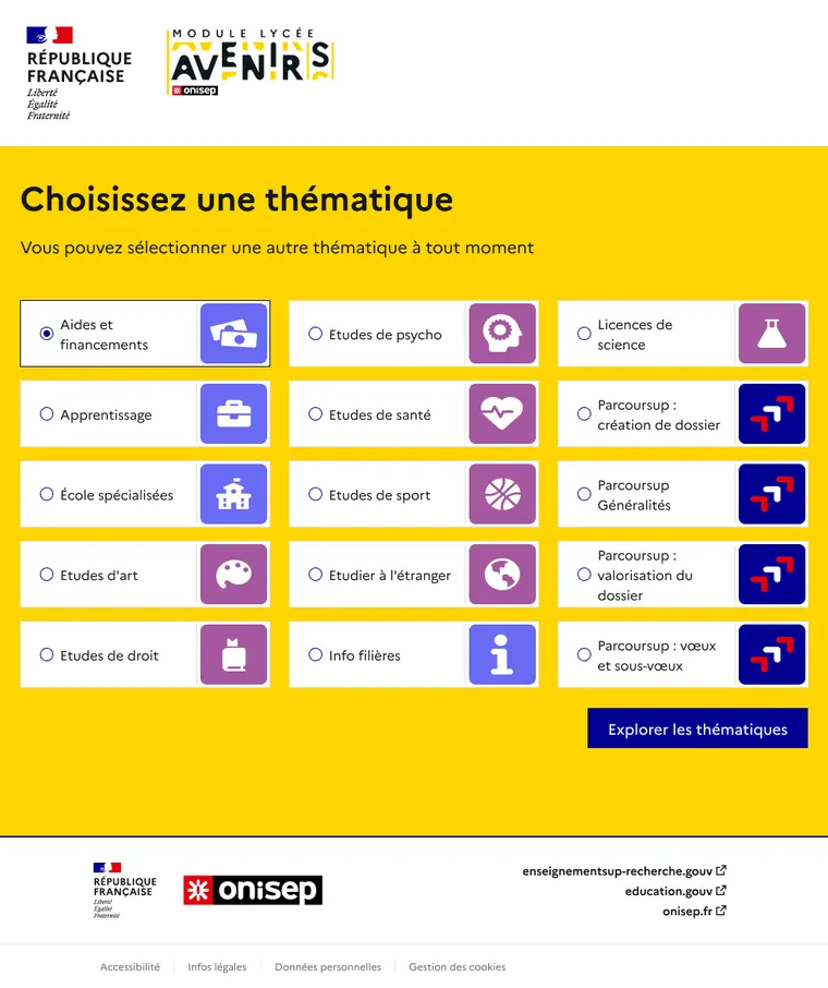 Écran de sélection des thématiques d’orientation : aides et financements, apprentissage, études de santé, Parcoursup…